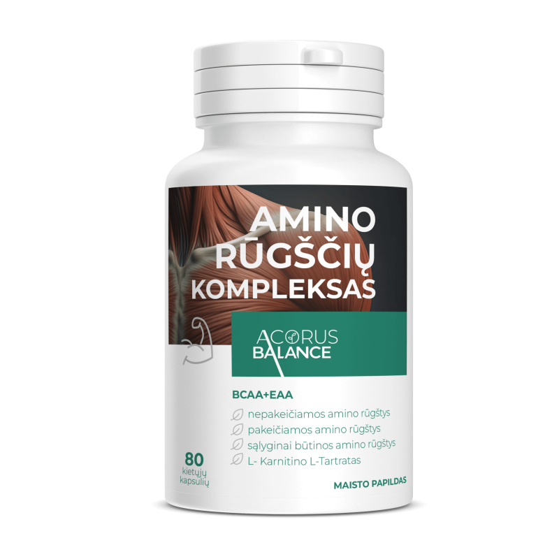 Amino rūgščių kompleksas BCAA+EAA, baltymų sintezei, Acorus Balance, 80 kaps.