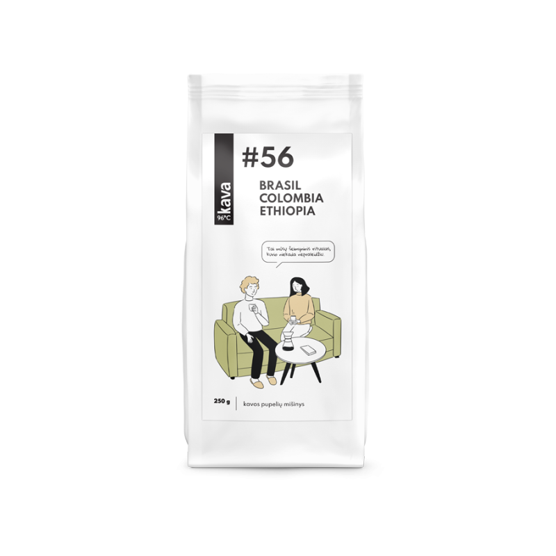 Skrudintos kavos pupelės KAVA96 Nr.56, MIX (Brasil NY2 Moggiana, Ethiopie Yirgacheffe, Colombia Supremo)