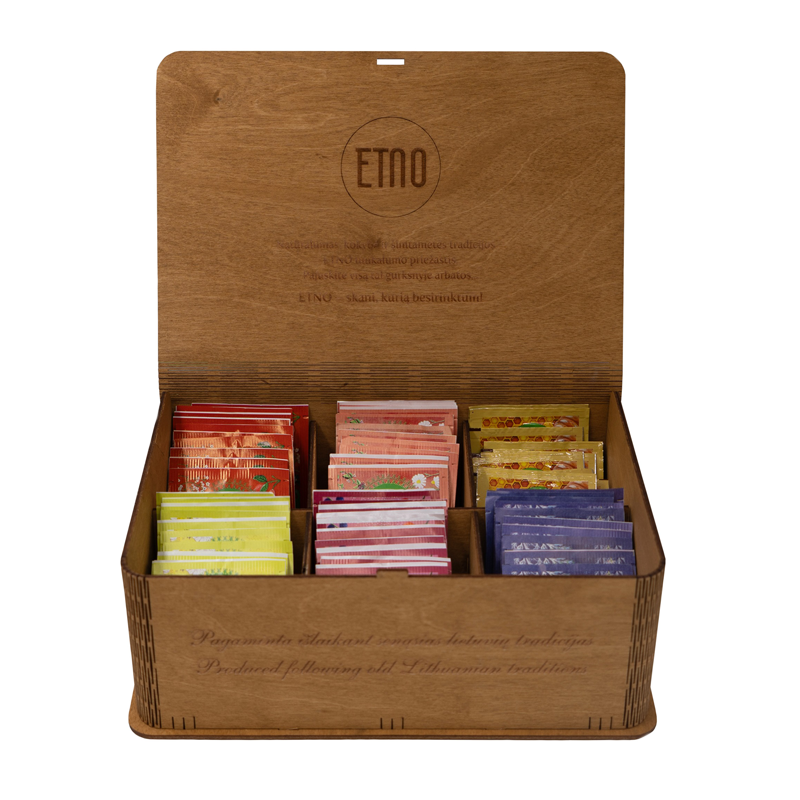 Natural herbal tea and honey set, ETNO, wooden box, 60 tea bags, 5 flavours