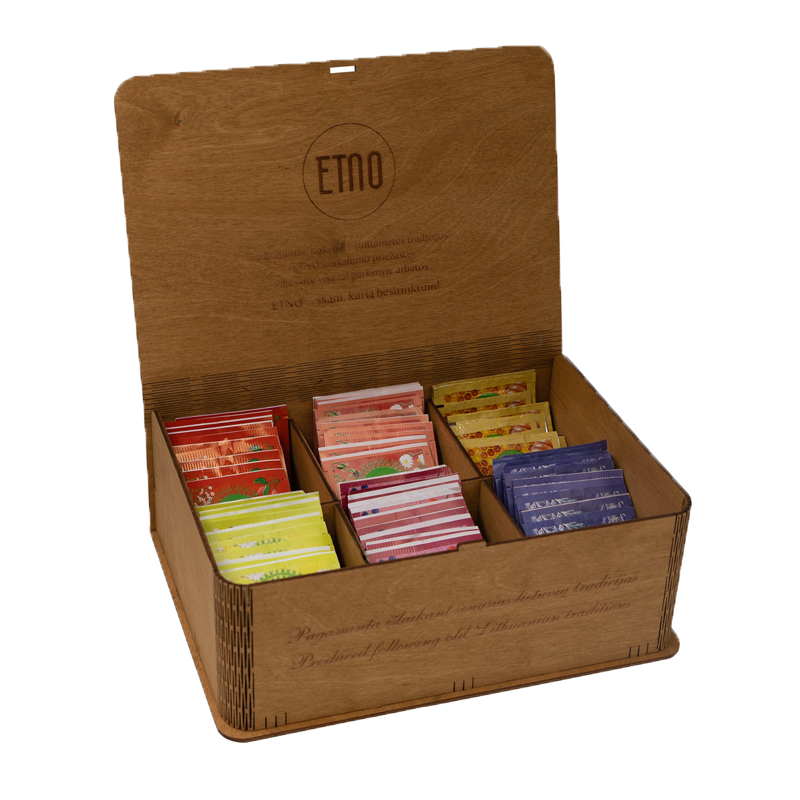Natural herbal tea and honey set, ETNO, wooden box, 60 tea bags, 5 flavours