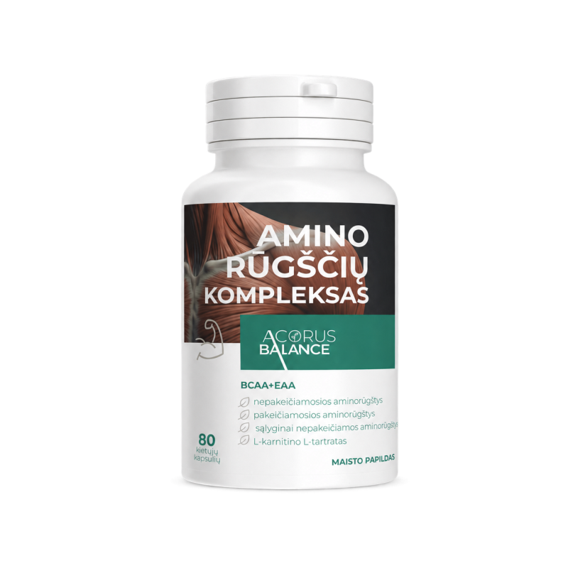 Aminorūgščių kompleksas BCAA+EAA, baltymų sintezei, Acorus Balance, 80 kaps.